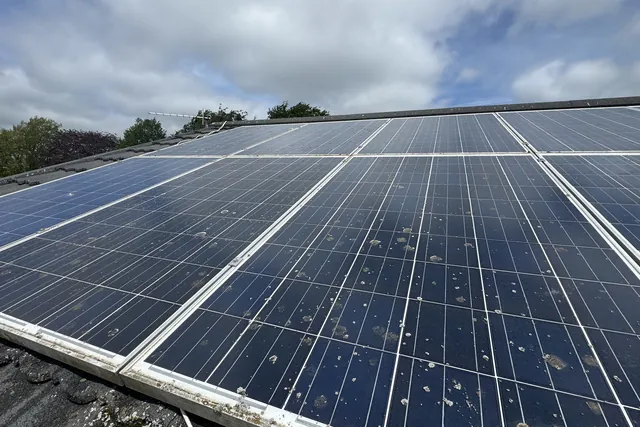 Dirty solar panels with bird droppings before professional cleaning